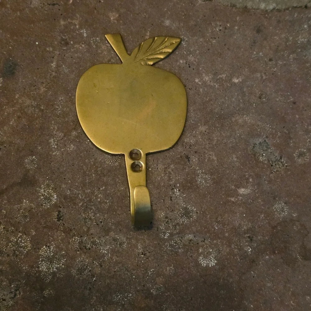 Vintage Solid Brass Apple Wall Hook Gold Fruit Kitchen Towel Key Hanger MCM